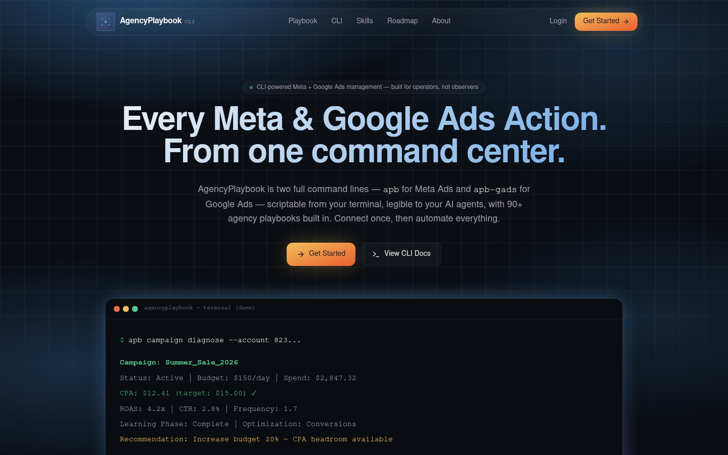 AgencyPlaybook.io website — Meta and Google Ads command lines
