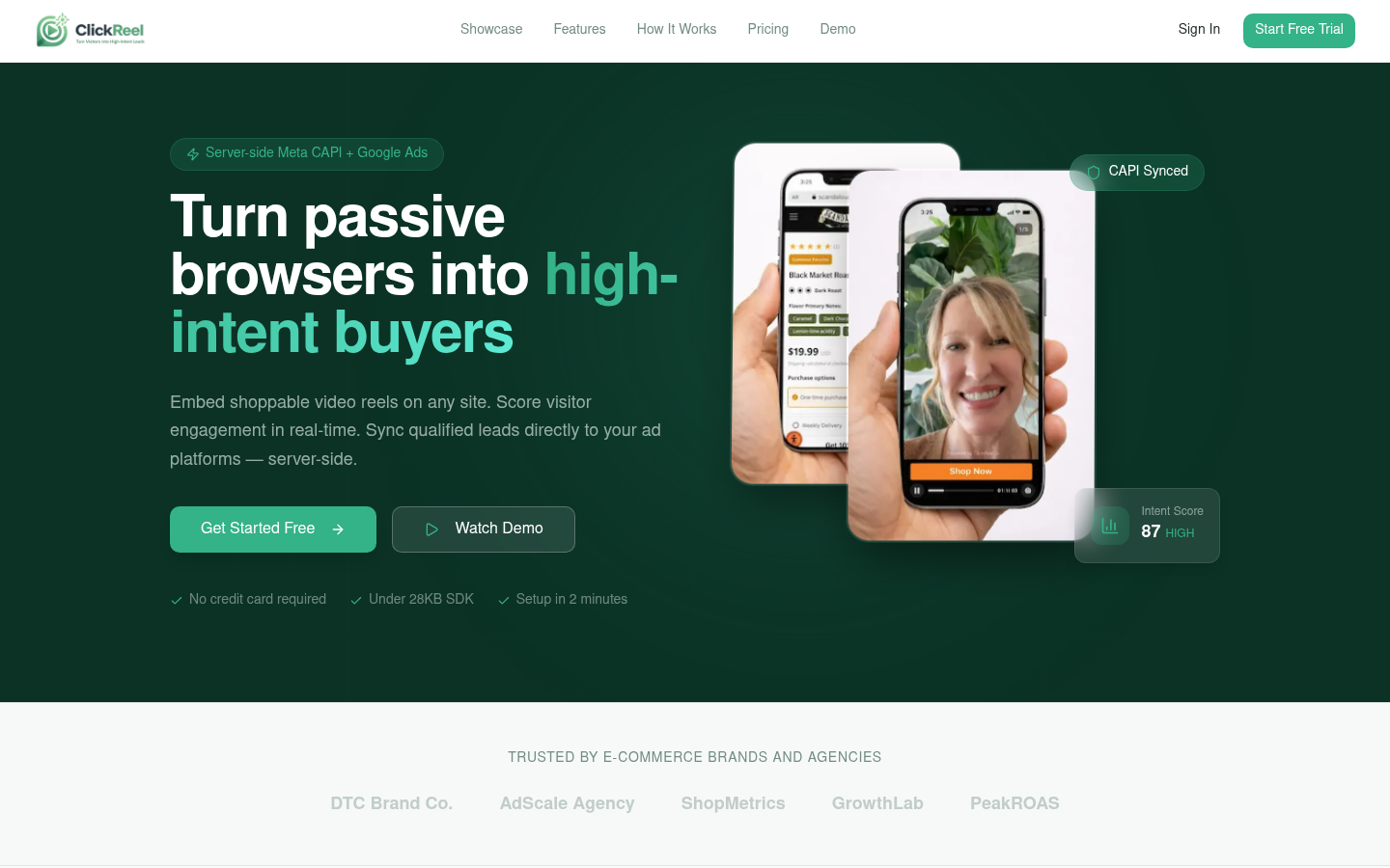 ClickReel.io website — shoppable video reels and intent scoring
