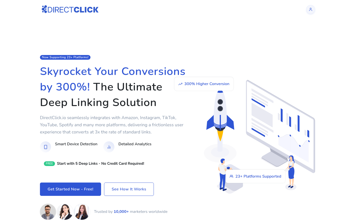 DirectClick.io website — deep links, QR codes and click analytics