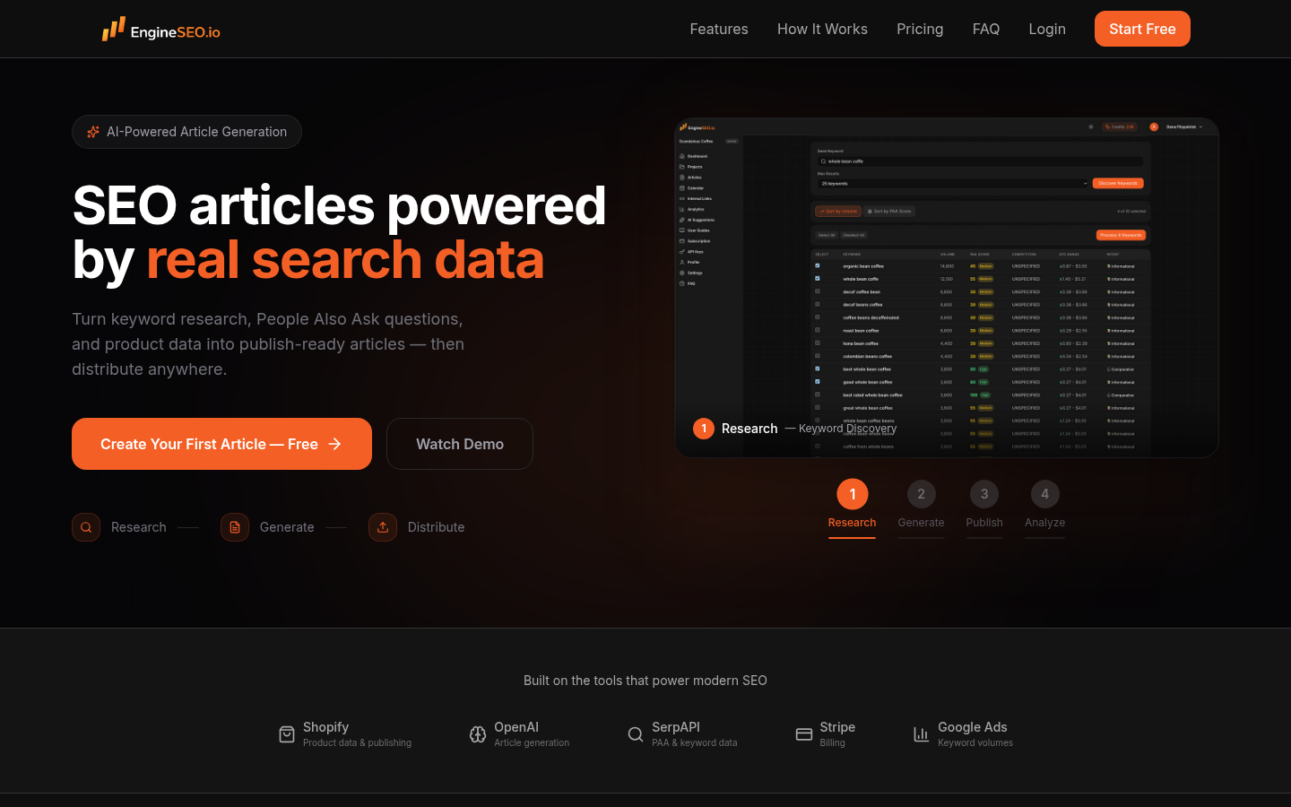 EngineSEO.io website — AI SEO article platform