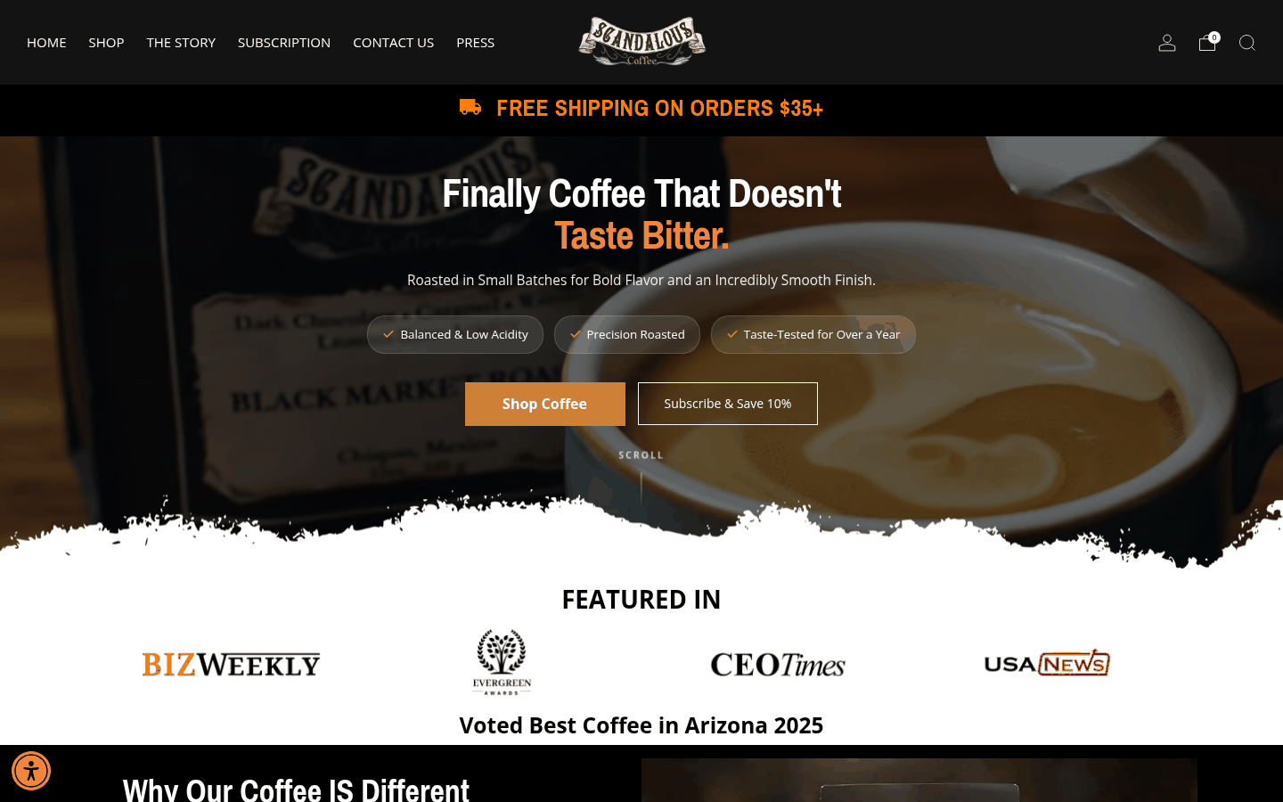Scandalous Coffee website — premium DTC coffee brand