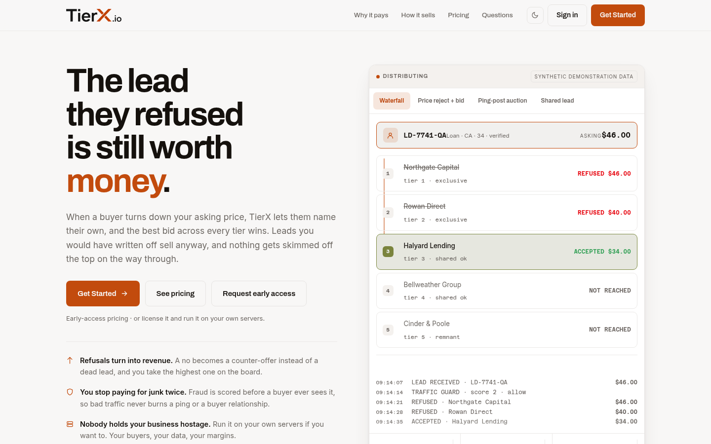 TierX website — lead distribution with counter-bids and auctions